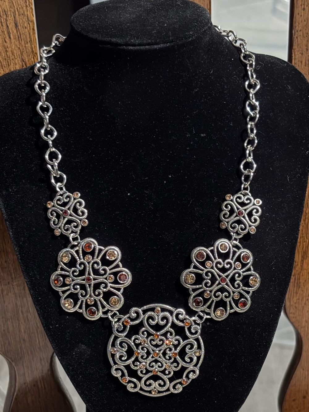 Silver-Tone Filigree Statement Necklace with Amber and Garnet Accents
